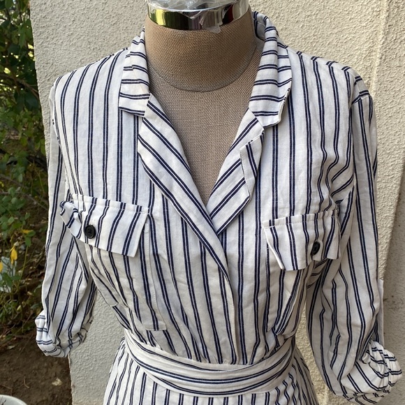 MAJORELLE 100% linen stunning blue and white Yuma striped wrap around dress - Picture 5 of 15